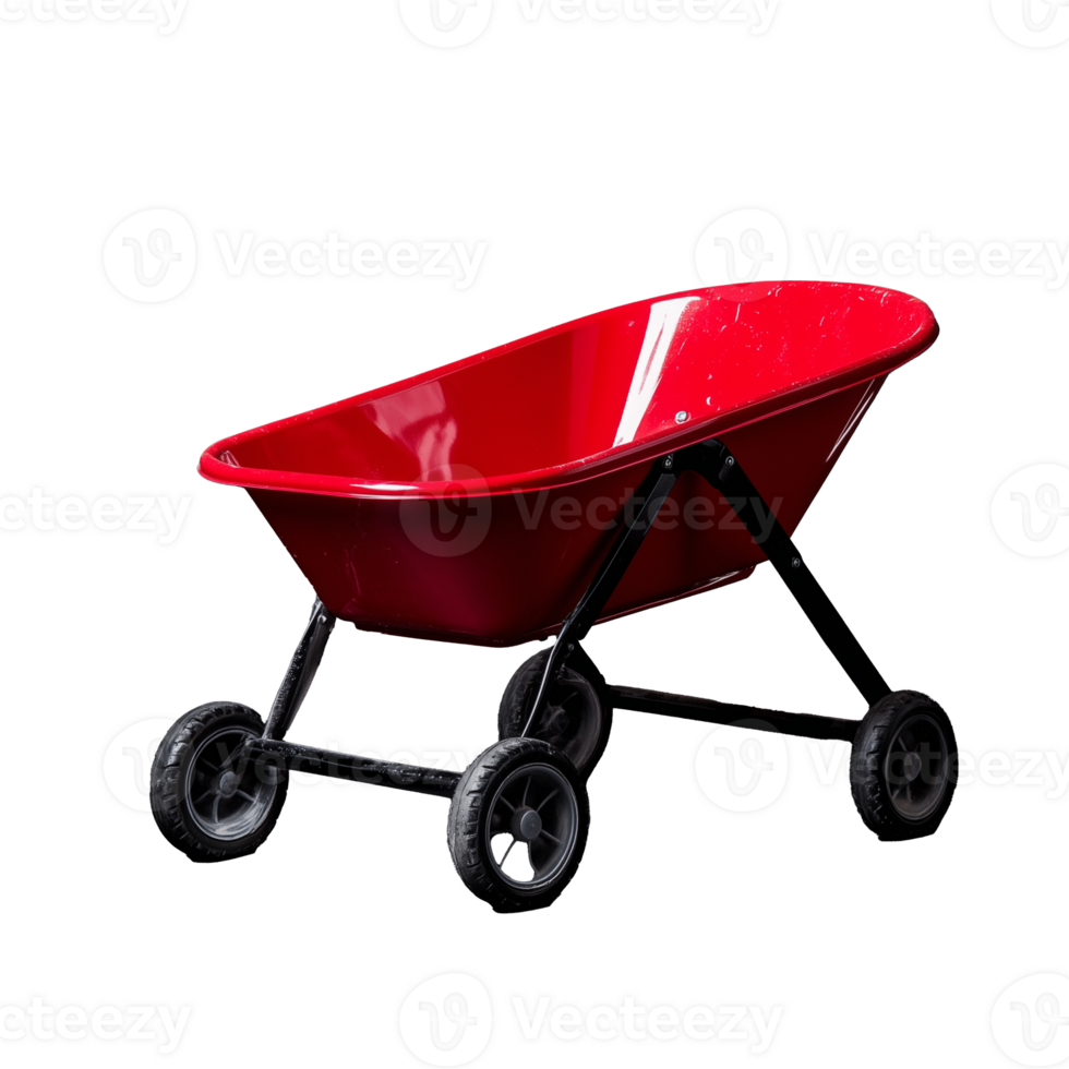 Red wheelbarrow with sturdy frame and durable wheels on transparent background png