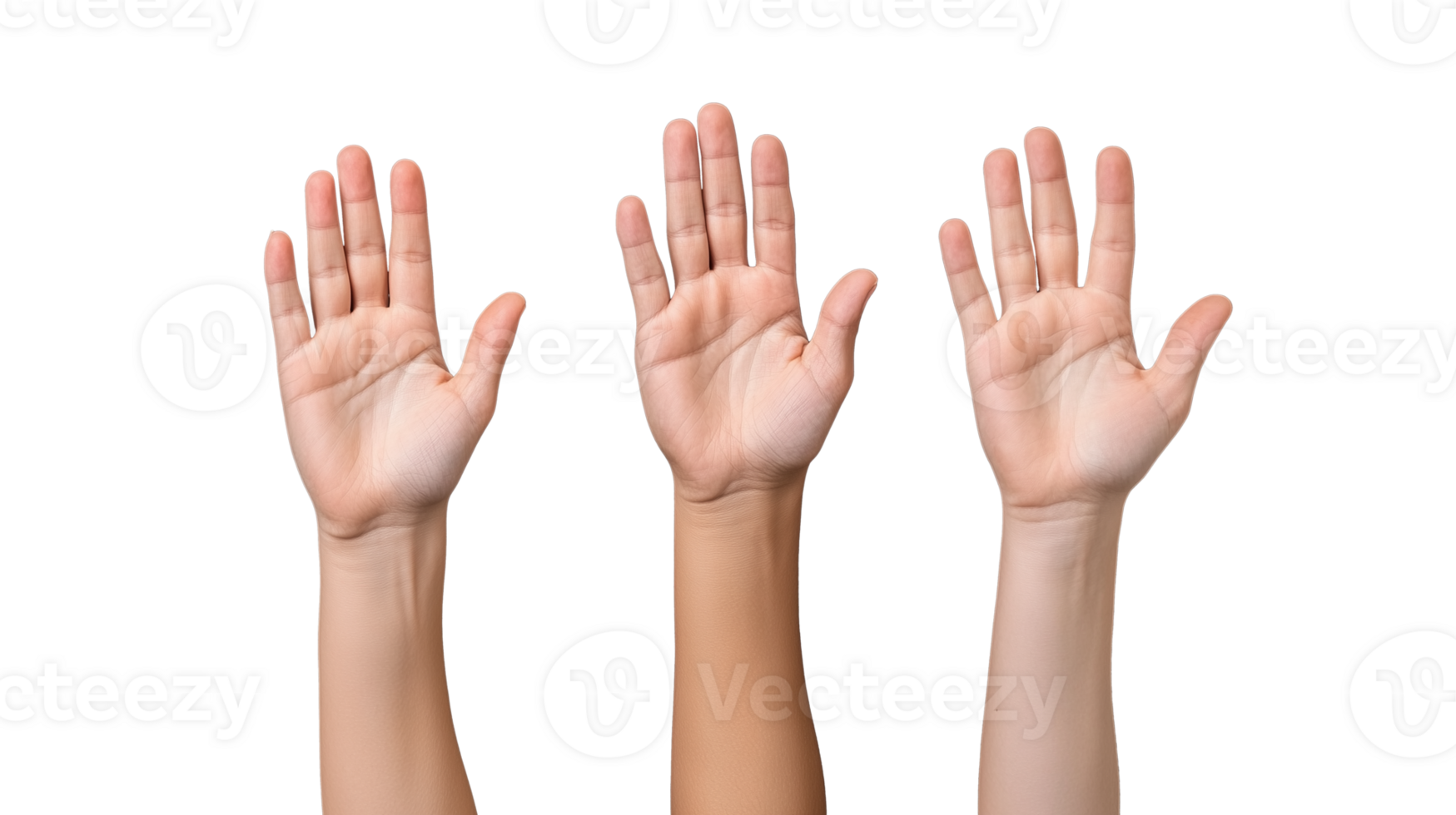 Diverse human hands raised with open palms on transparent background png