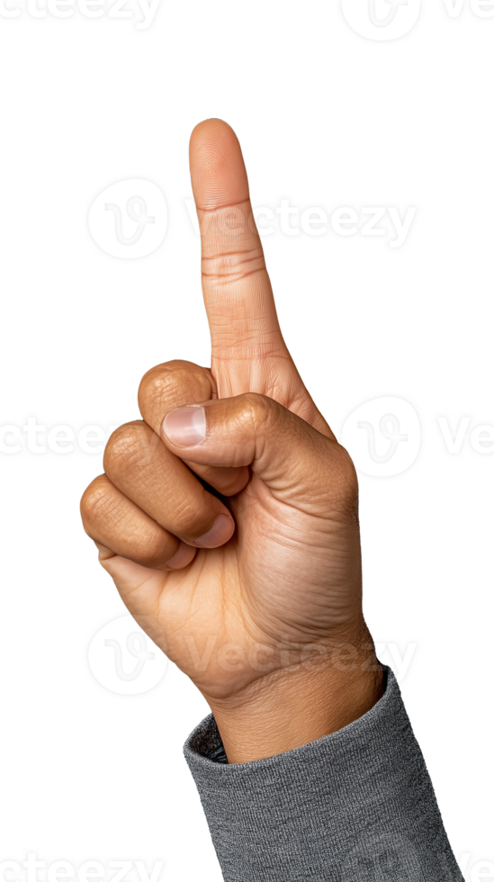Hand gesture indicating number one with finger raised on transparent background png