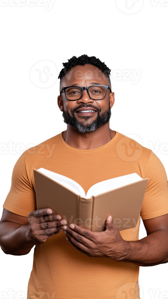 Smiling man holding an open book with glasses on transparent background png