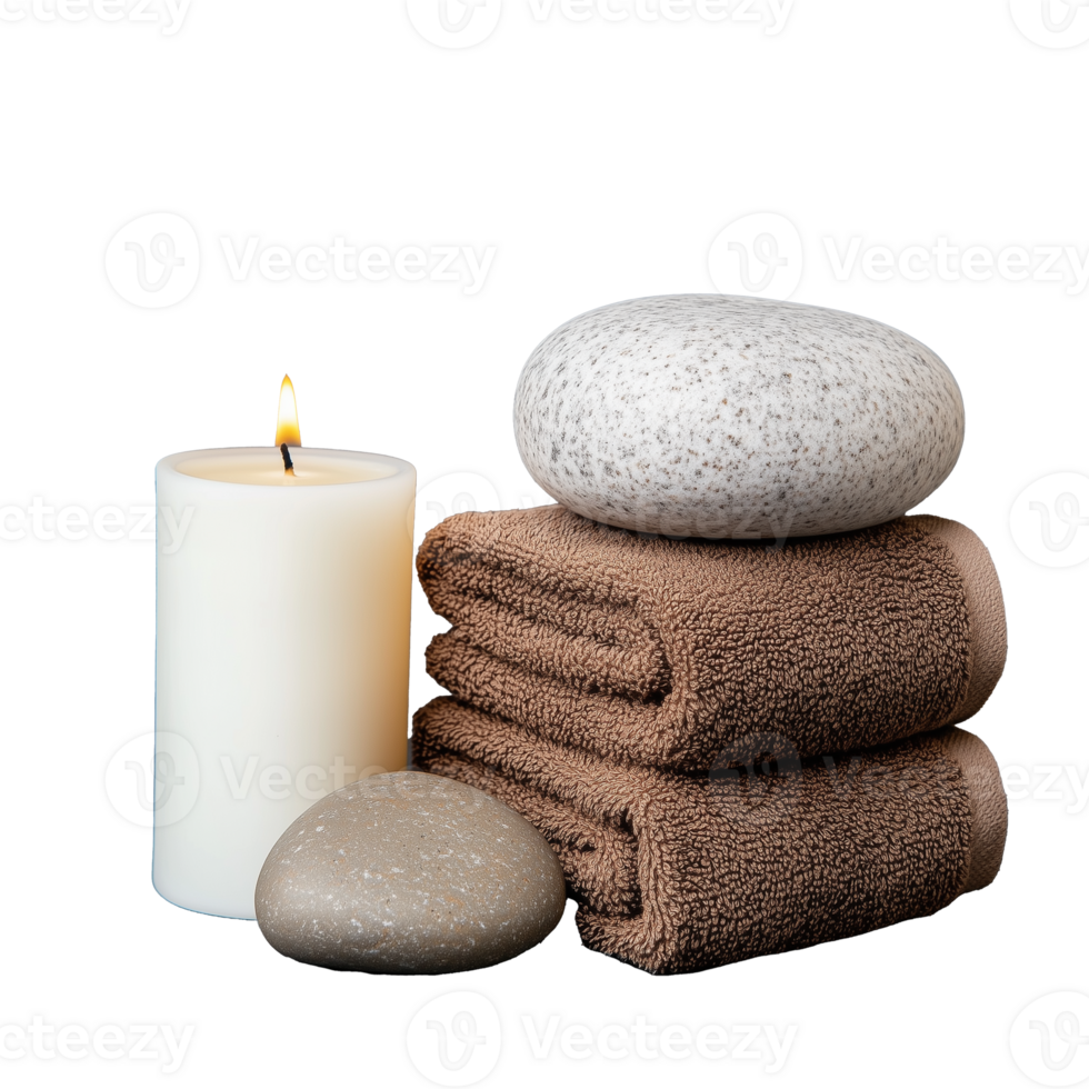 Relaxing spa essentials with candles stones and towels on transparent background png