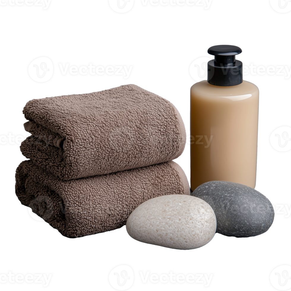 Brown towels, smooth stones, and lotion bottle on transparent background png