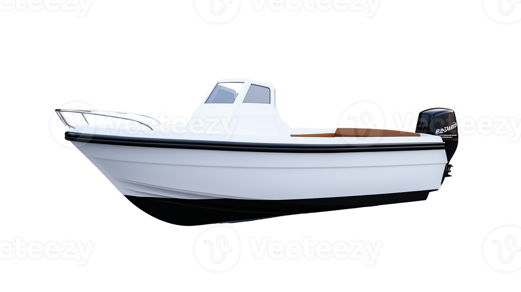 Small fishing boat with cabin and outboard motor on transparent background png