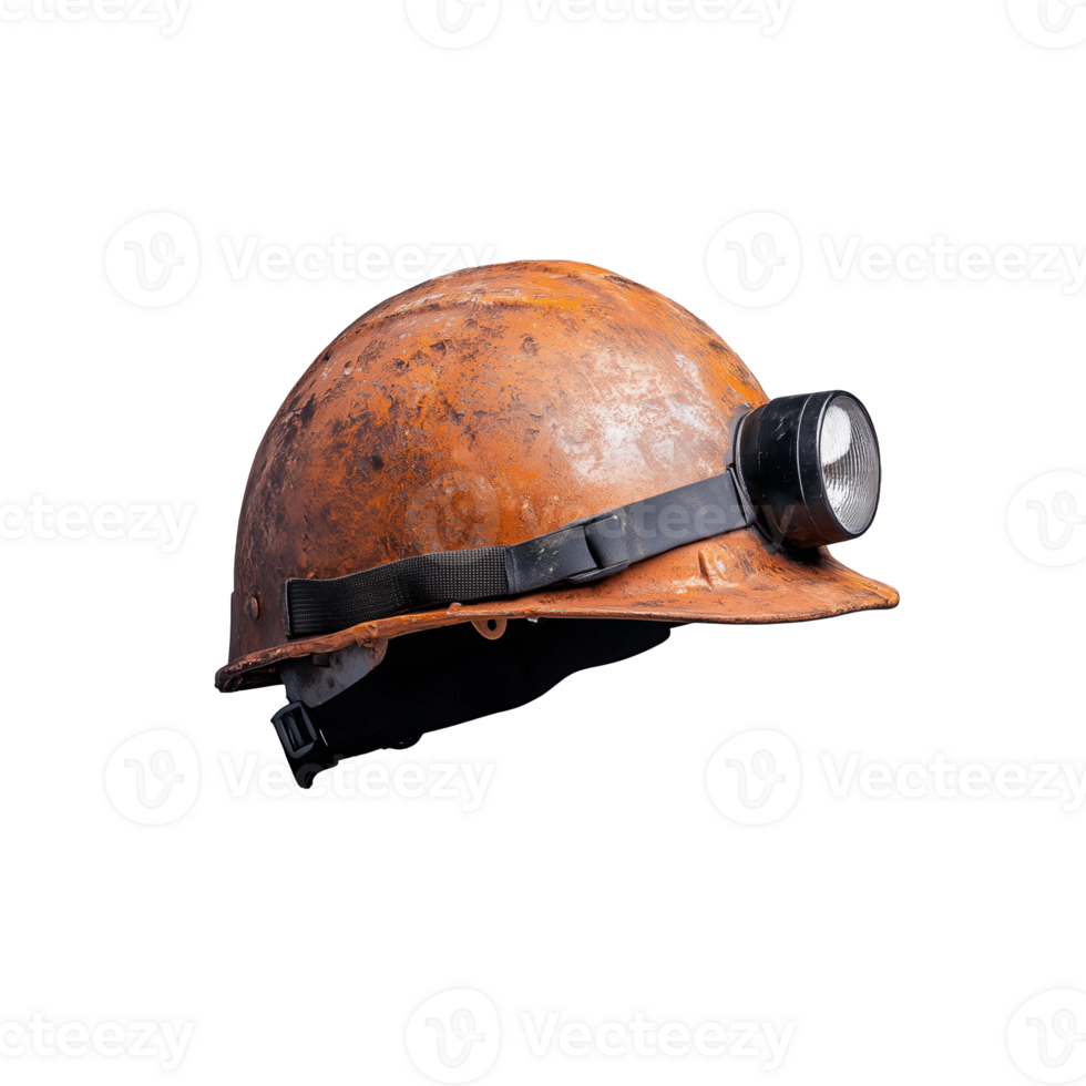 Rusty mining helmet with headlamp on transparent background png