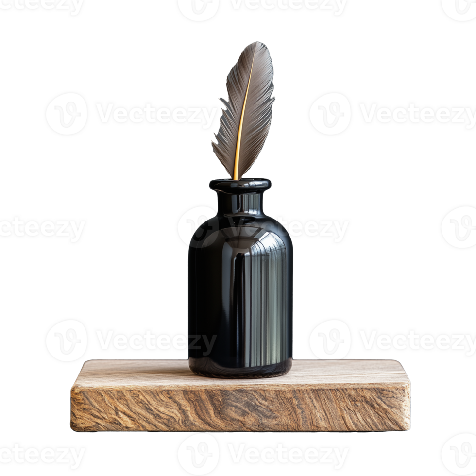 Black ink bottle with feather quill on transparent background png