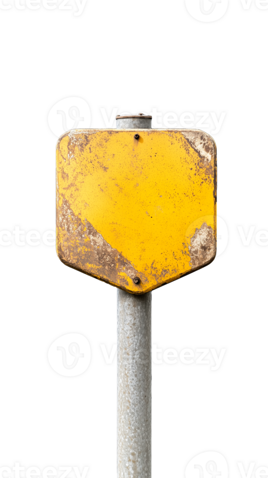 Weathered yellow traffic sign with rusty edges on transparent background png