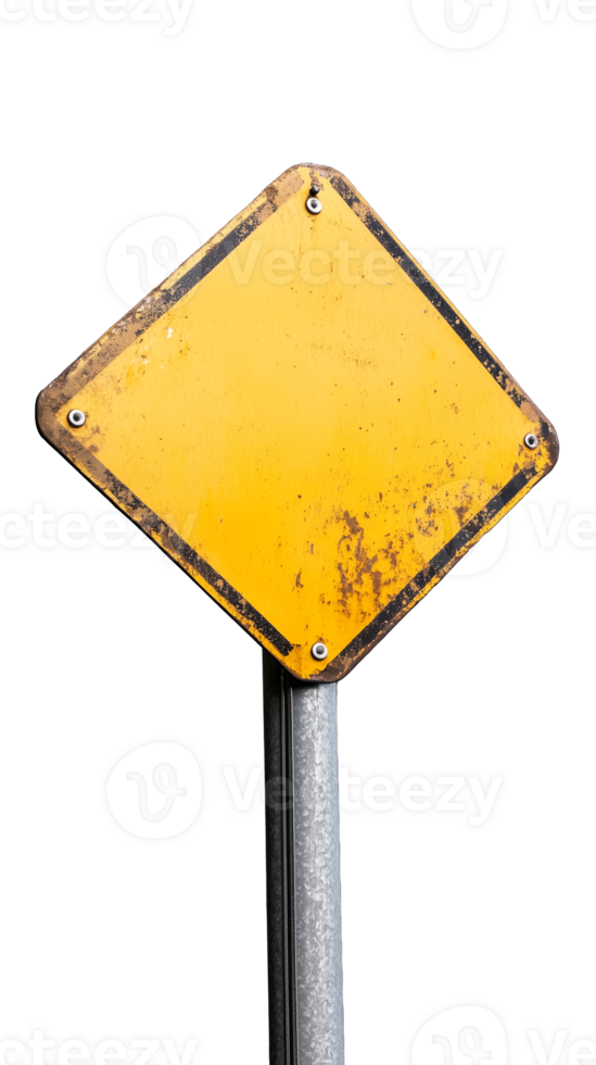 Weathered yellow diamond road sign with rust on transparent background png