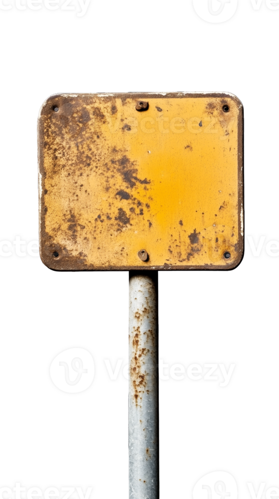 Rusty yellow metal sign with a weathered surface on transparent background png