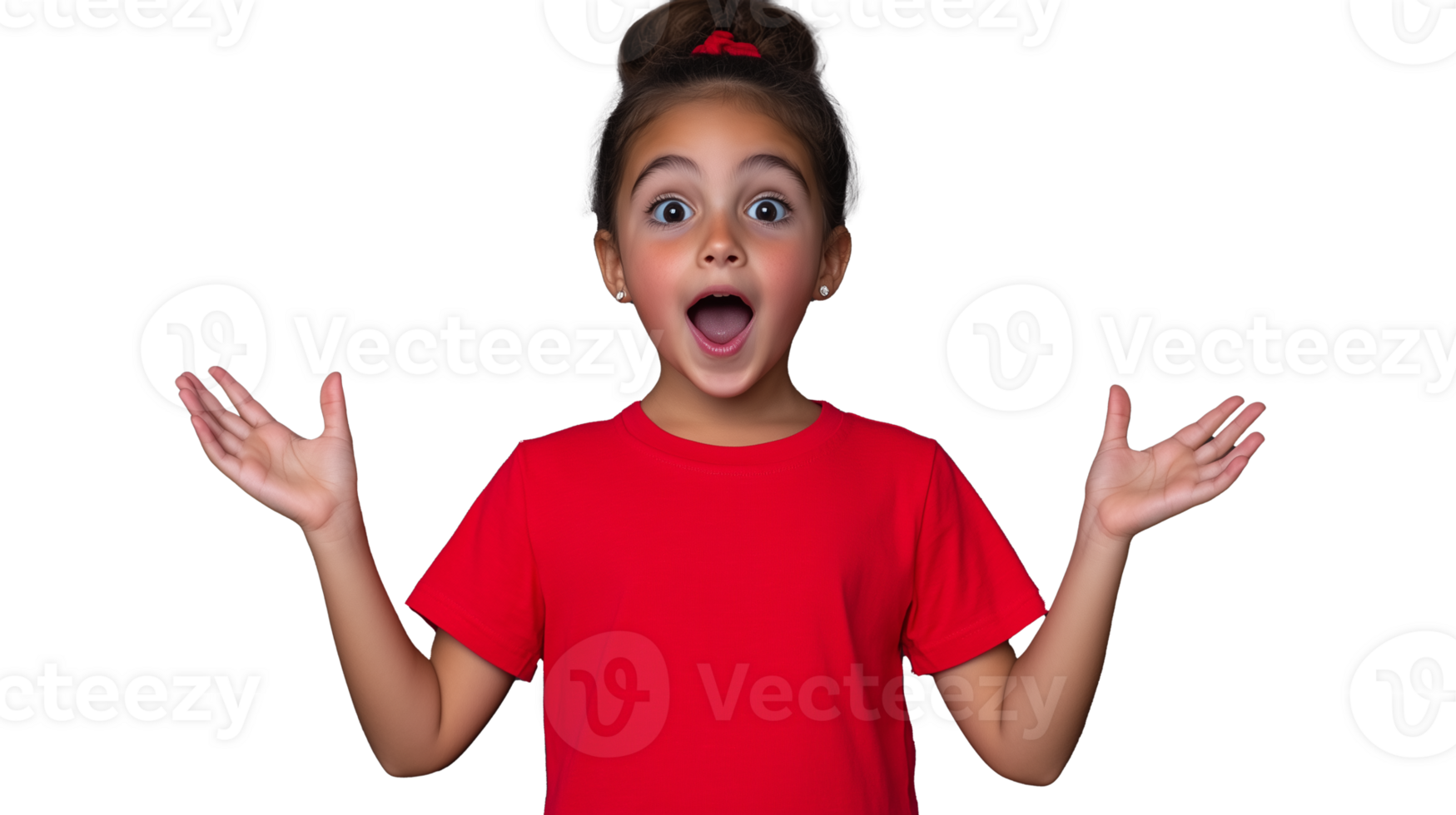 Excited young girl with open arms and joyful expression on transparent background png