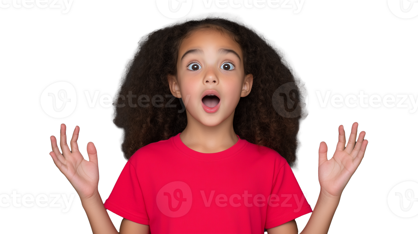 Surprised girl with curly hair expressing excitement on transparent background png