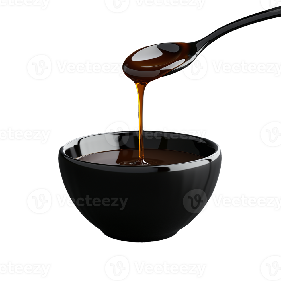 Dark syrup pouring from spoon into bowl on transparent background png