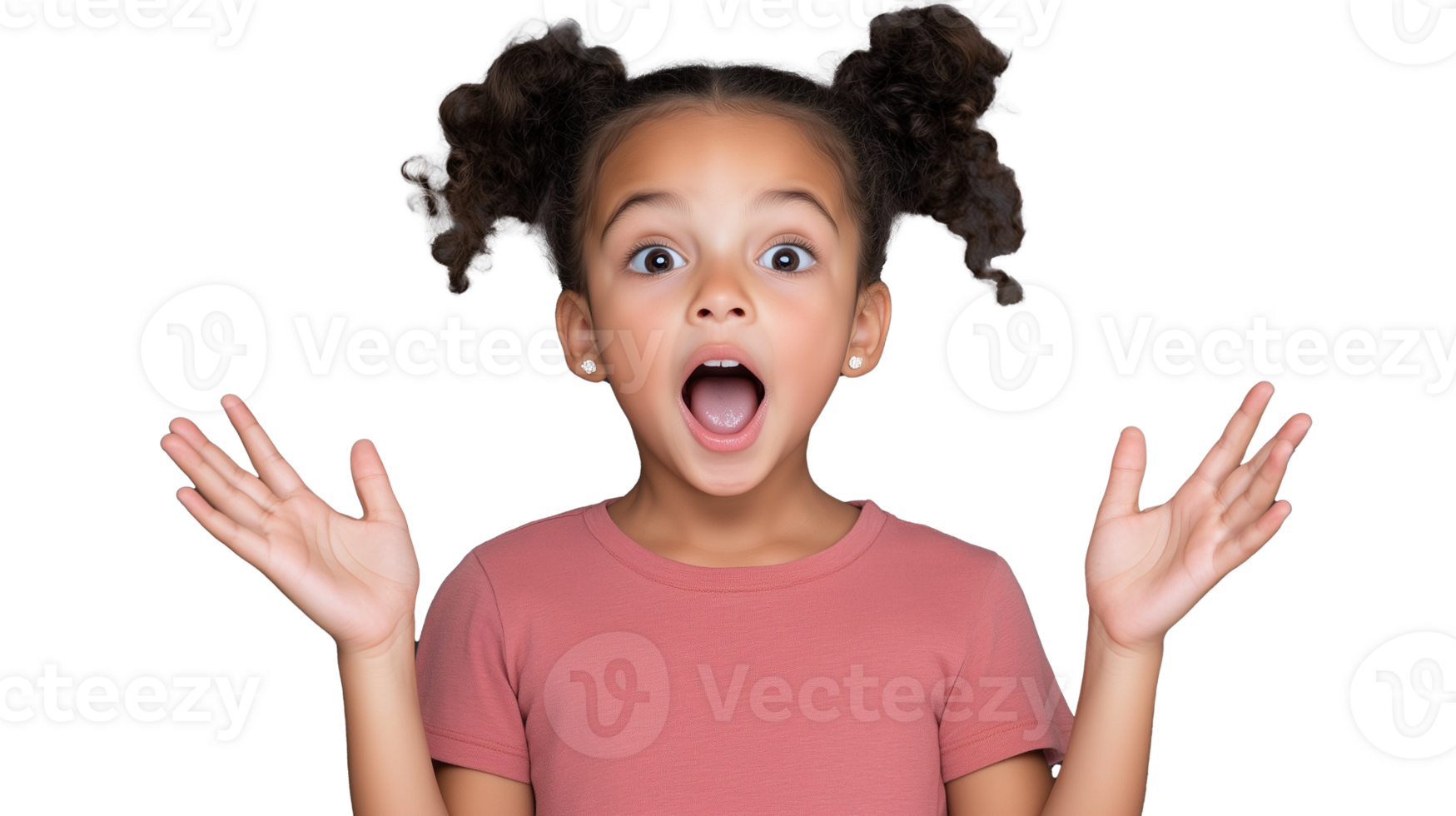 Excited young girl expressing surprise with open hands on transparent background png