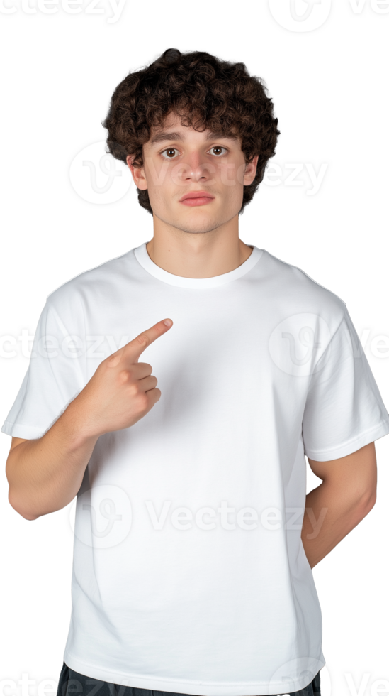 Young man pointing with serious expression wearing plain white t-shirt on transparent background png