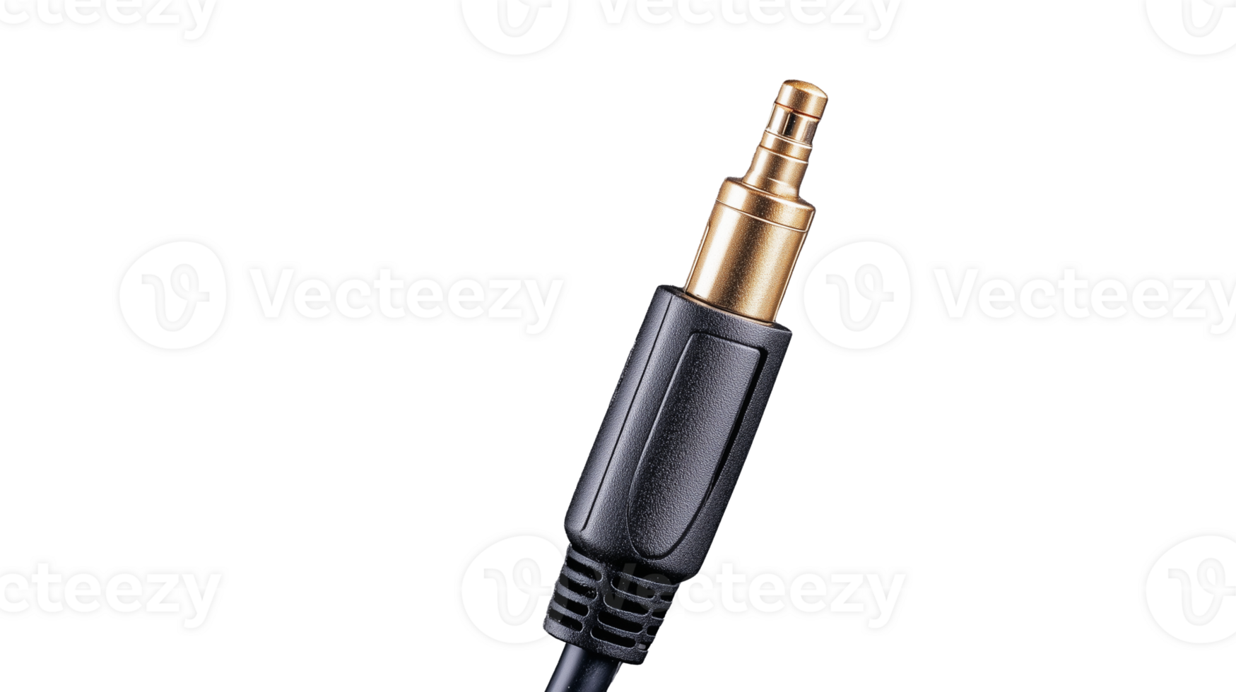 Audio jack connector with gold-plated tip and black plastic housing on transparent background png