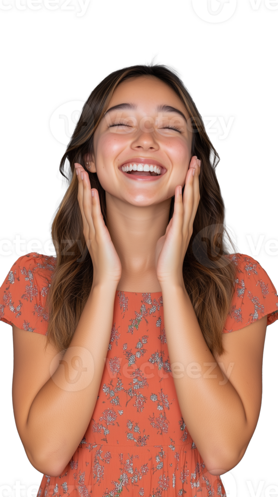 Young woman with joyful expression and hands on face on transparent background png