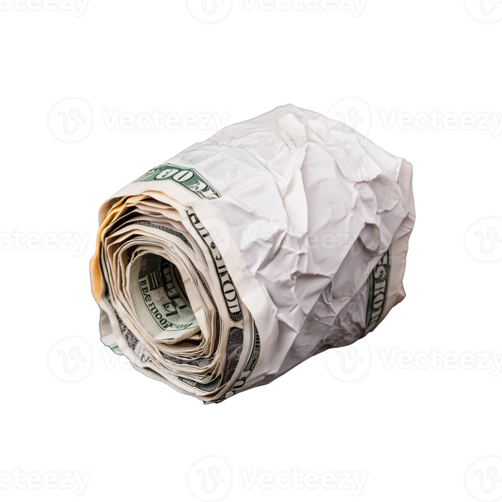 Crumpled rolled hundred dollar bills on transparent background png