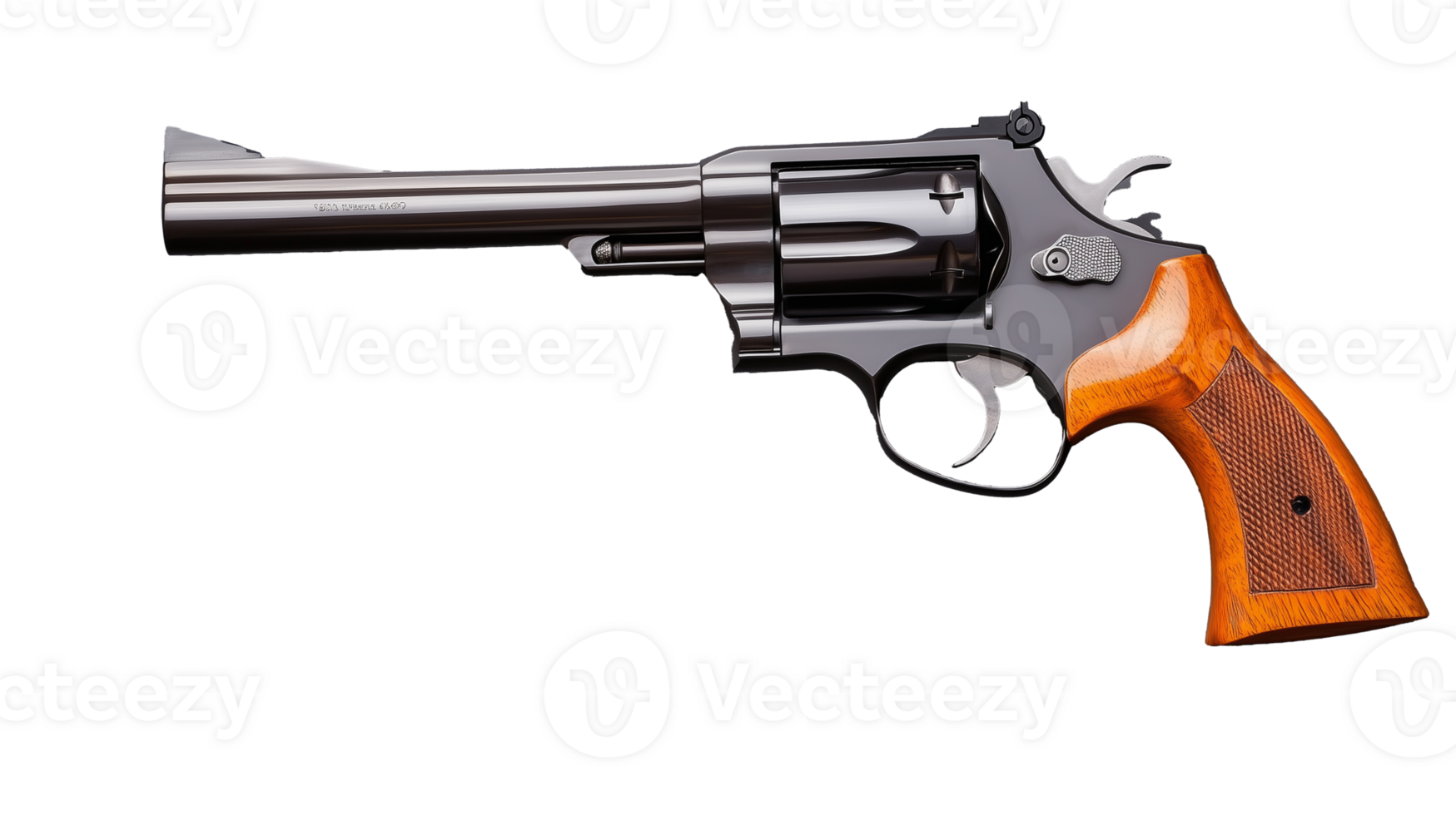 Detailed silver revolver with wooden grip and polished finish on transparent background png