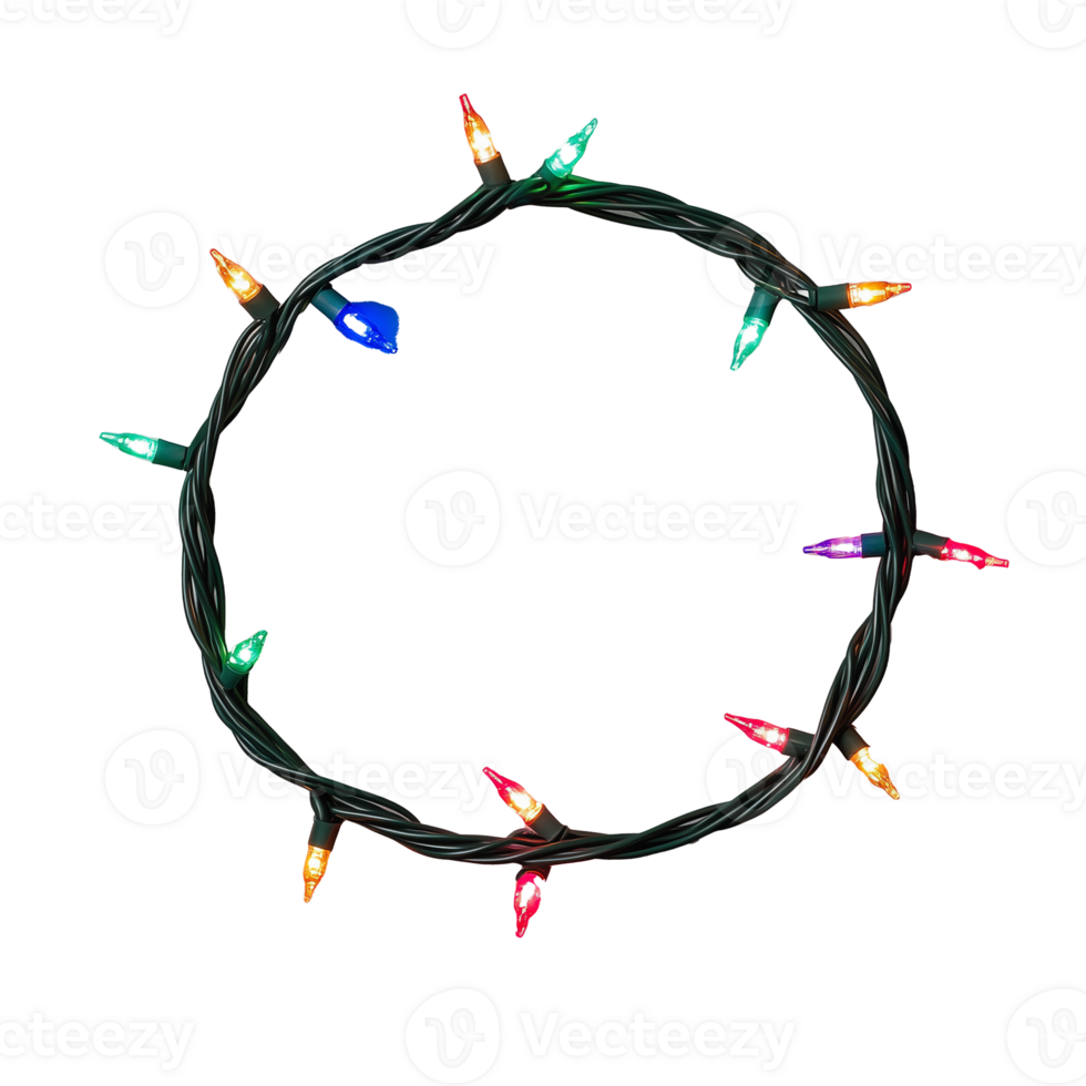 Colorful Christmas string lights arranged in a circular pattern on transparent background png