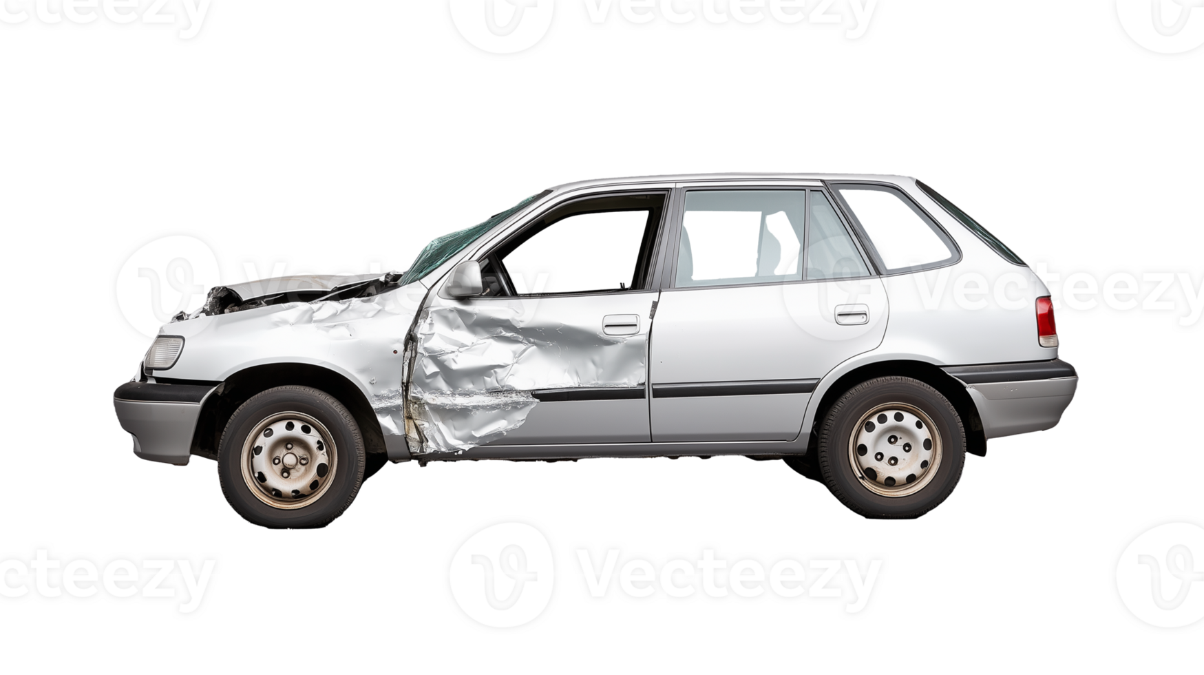 Damaged white hatchback car with dented side and broken windows on transparent background png