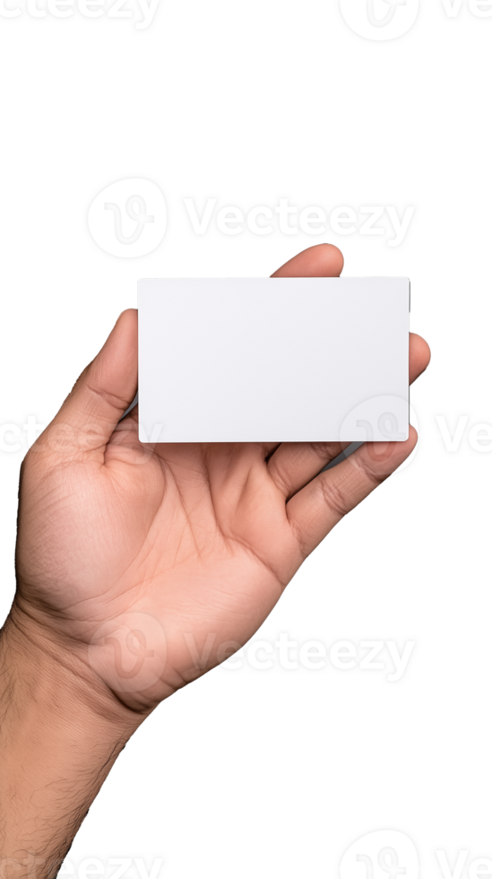 Hand holding a blank business card for branding on transparent background png