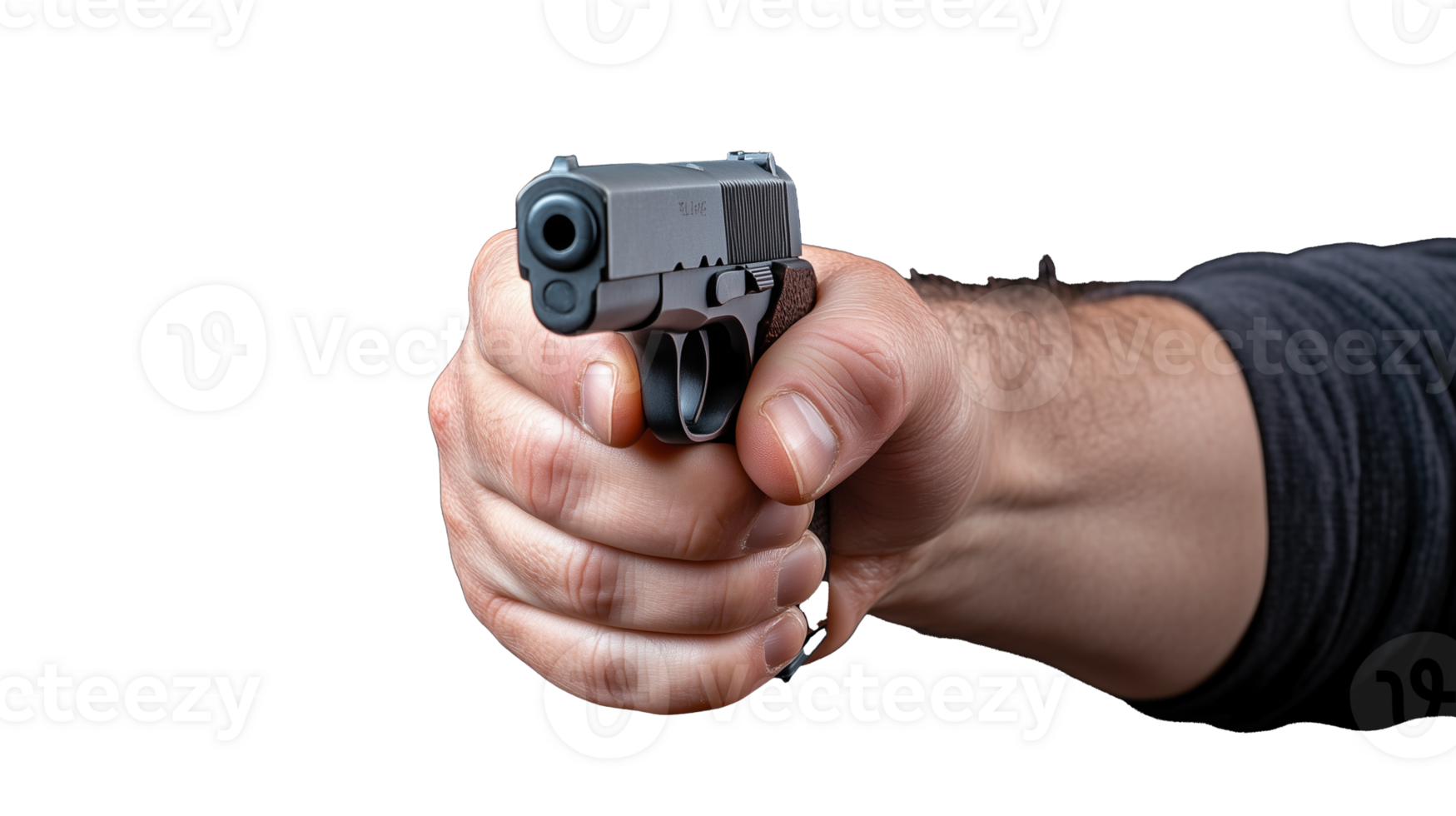 Hand holding a handgun with focus on grip and trigger on transparent background png