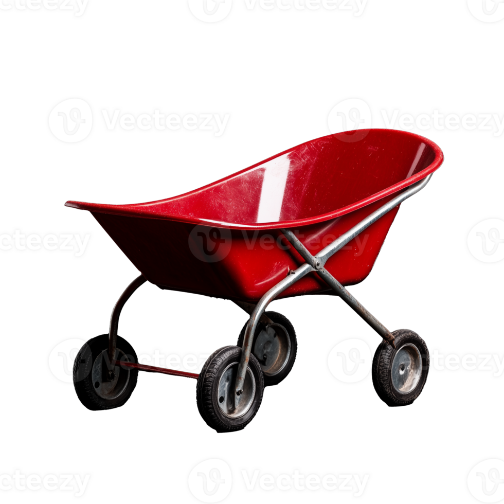Red wheelbarrow with metal frame and rubber wheels on transparent background png