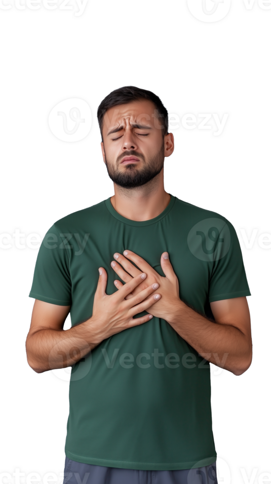 Young man expressing emotional distress with hands on chest on transparent background png