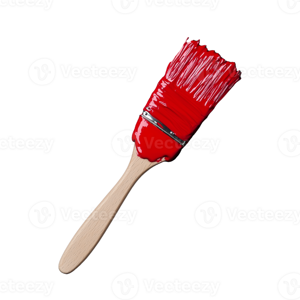 Red paintbrush with vibrant bristles and wooden handle on transparent background png
