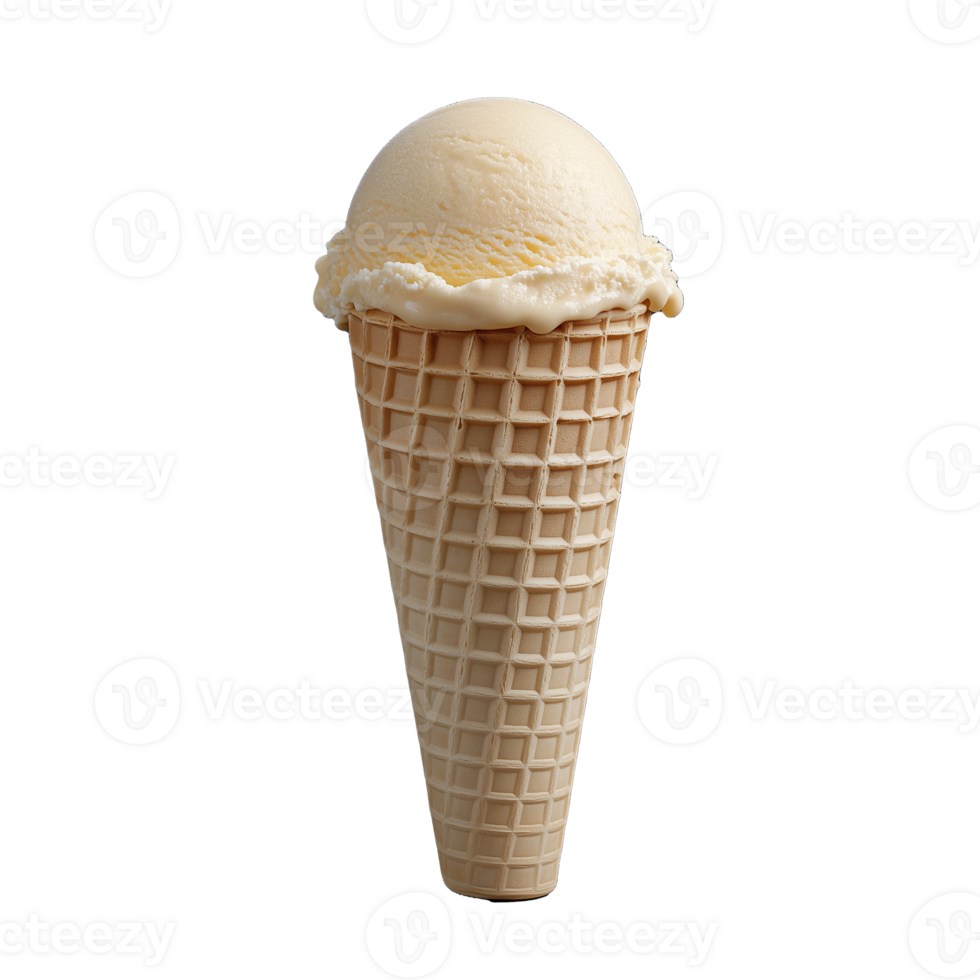 Ice cream cone with creamy scoop of vanilla flavor on transparent background png