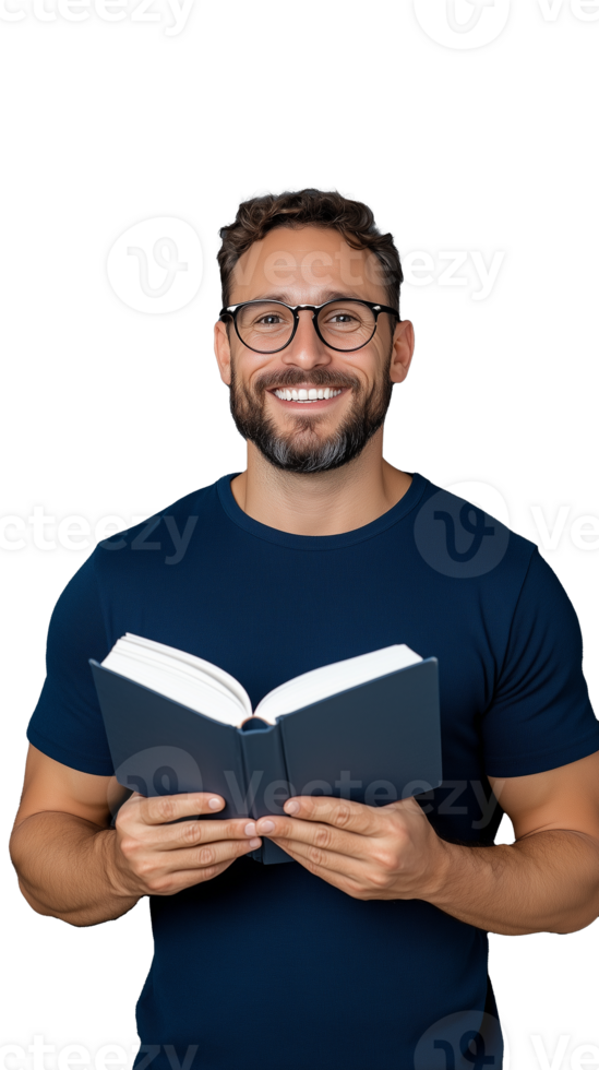 Smiling man holding an open book with glasses on transparent background png