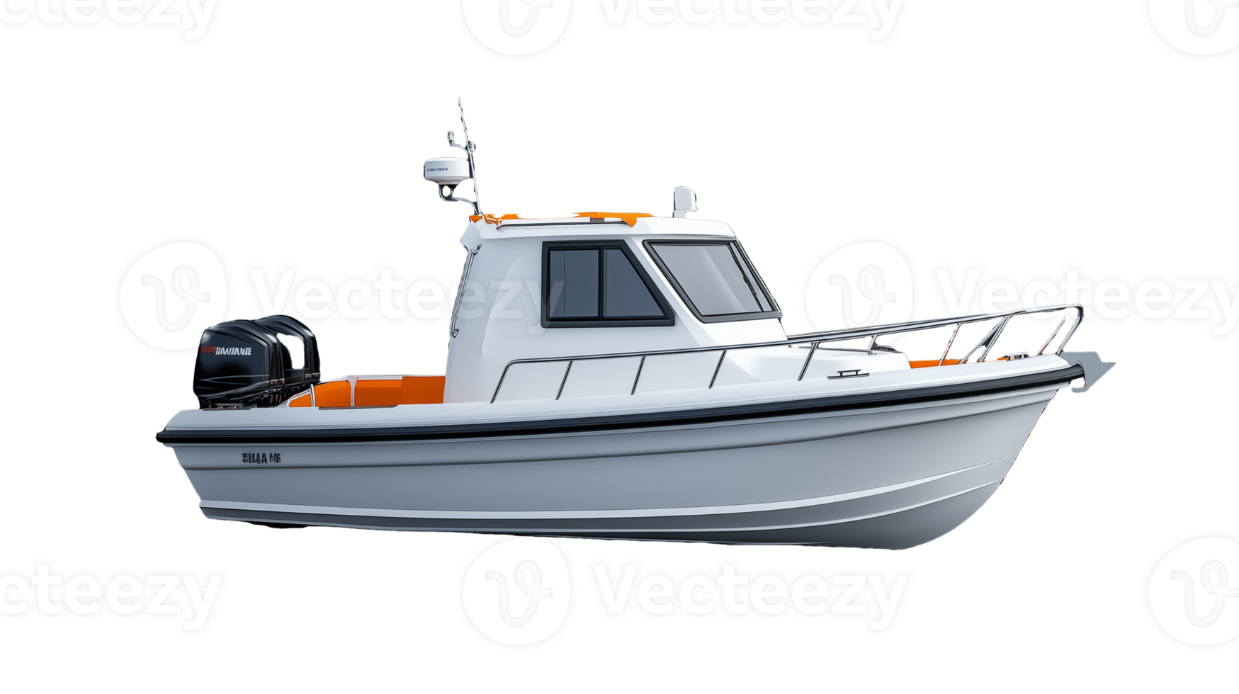 Motorboat with cabin and outboard motor on transparent background png