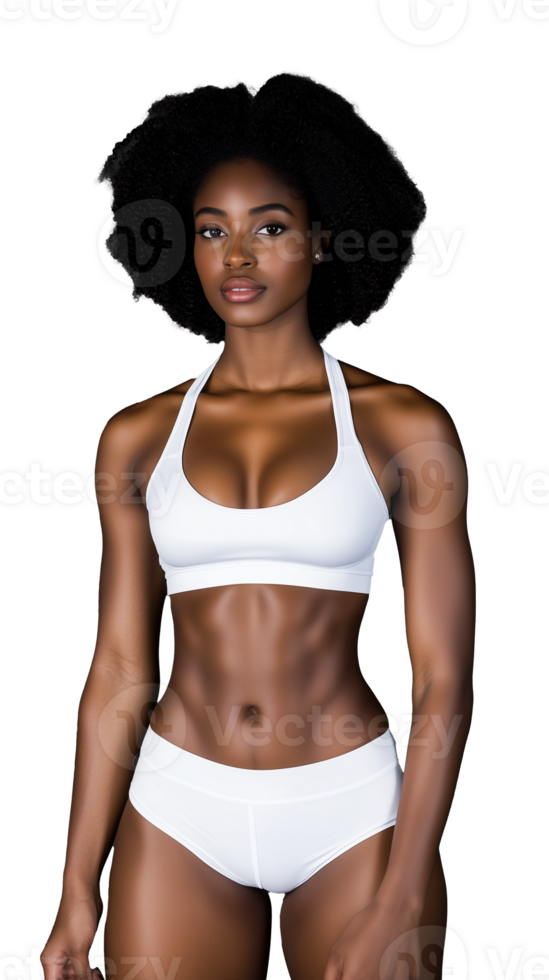 Fit athletic woman in white sportswear posing confidently on transparent background png