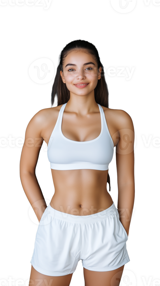 Fit young woman in athletic wear smiling confidently on transparent background png