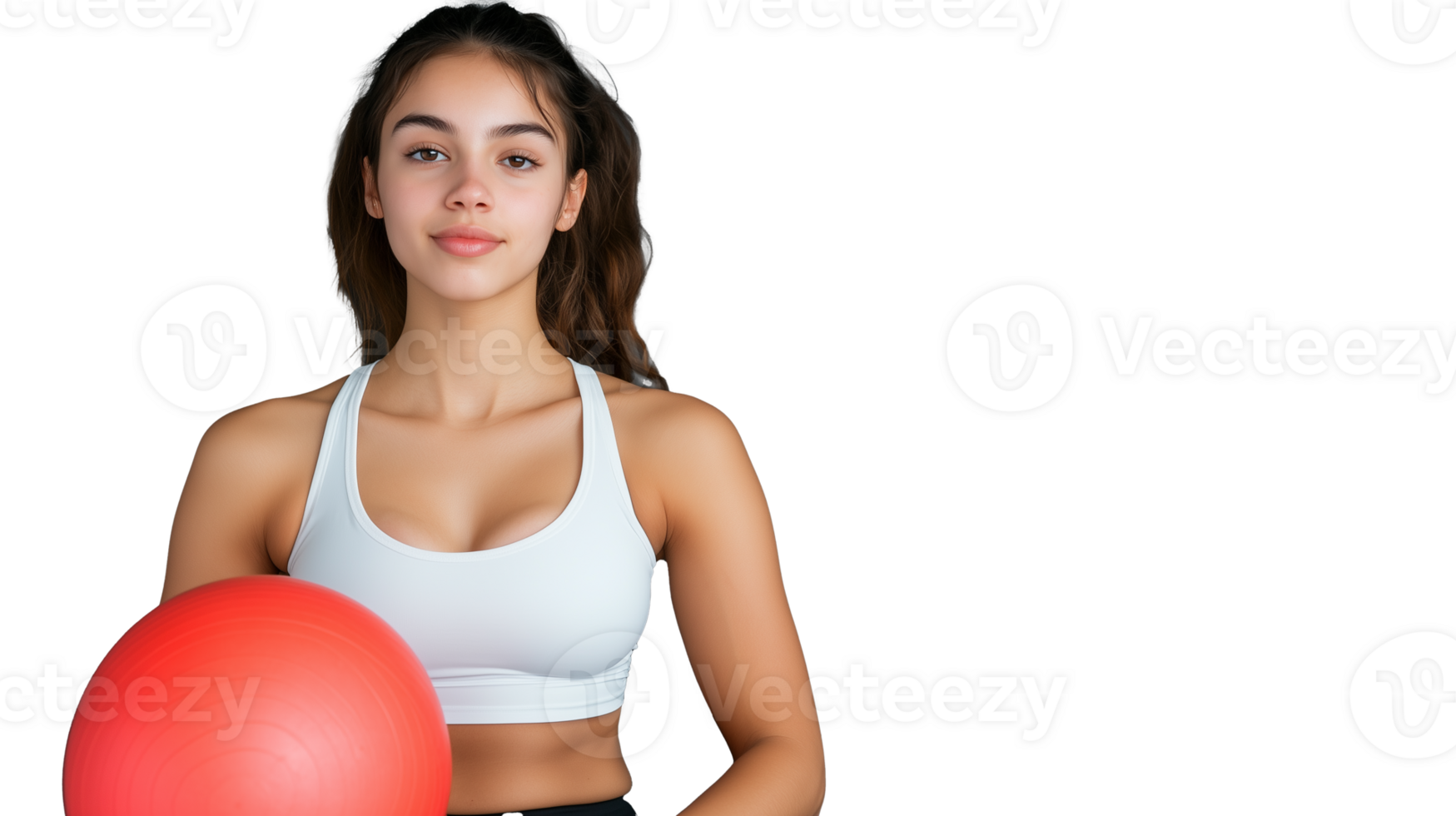 Young woman holding a red exercise ball in athletic attire on transparent background png