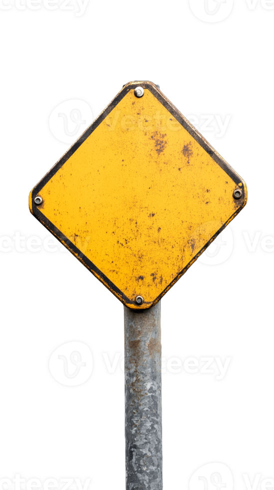 Rusty yellow diamond-shaped warning sign on transparent background png