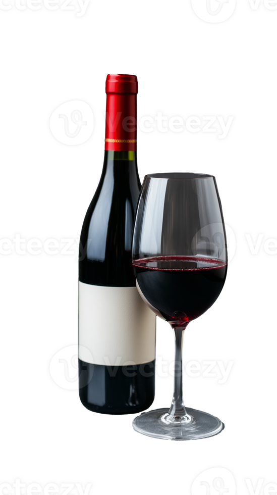 Red wine bottle and glass with rich dark liquid on transparent background png