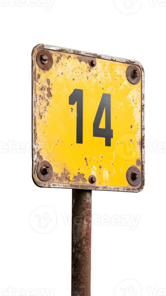 Weathered yellow sign with number 14 on transparent background png