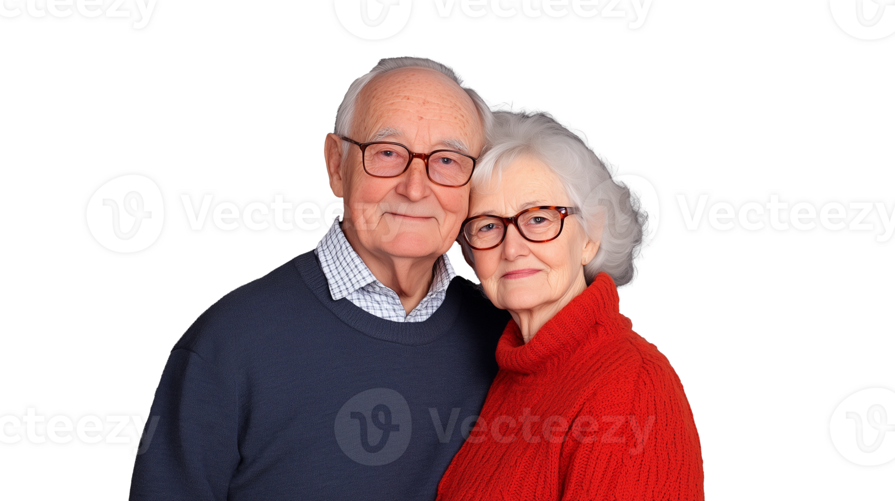 Elderly couple embracing with smiles in cozy attire on transparent background png