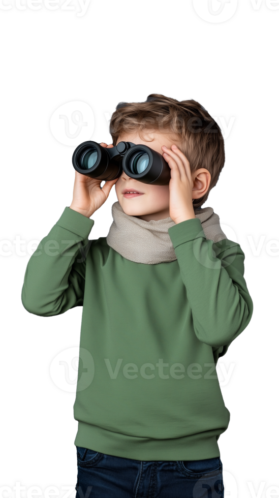Young boy using binoculars for exploration on transparent background png