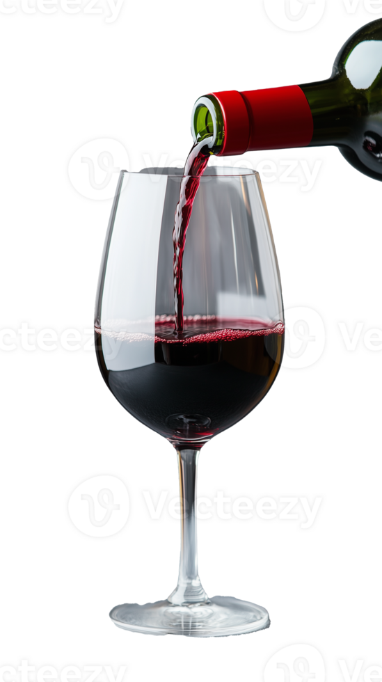 Red wine pouring into elegant glass on transparent background png
