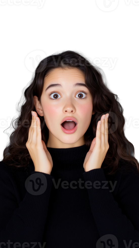 Surprised young woman with hands on face expressing shock on transparent background png