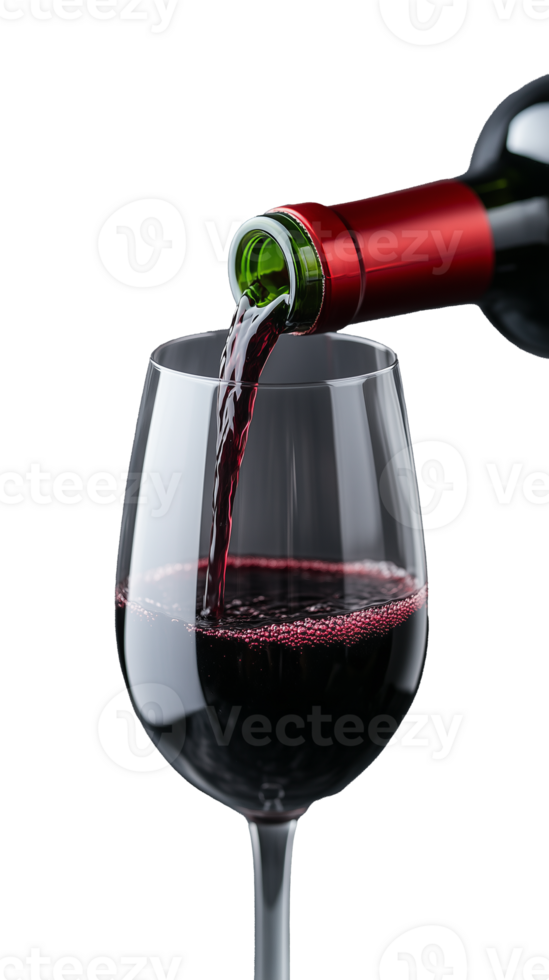 Red wine pouring into elegant glass on transparent background png