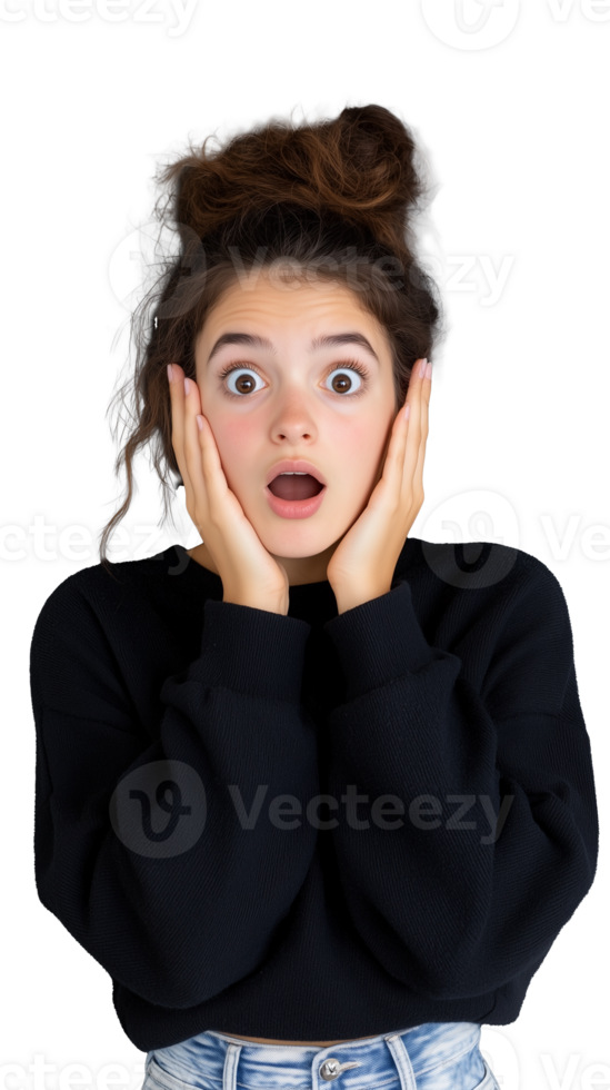 Surprised young girl with wide eyes and hands on face on transparent background png