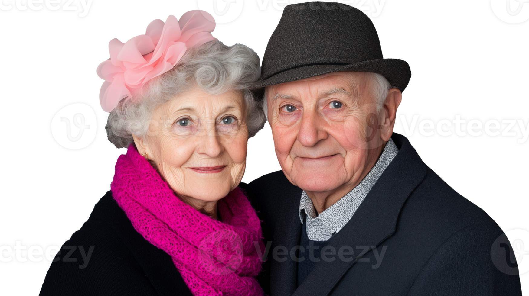 Elderly couple smiling together with stylish accessories on transparent background png