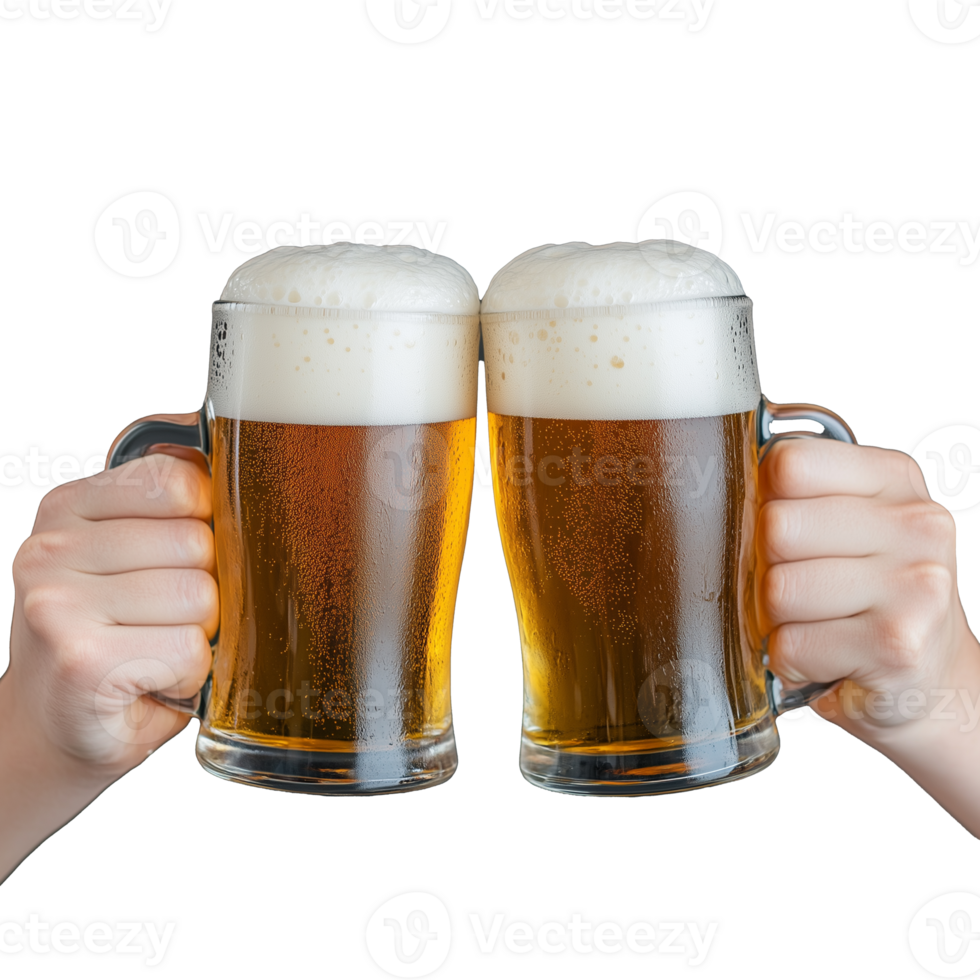 Cheers with two frosty beer mugs clinking together on transparent background png