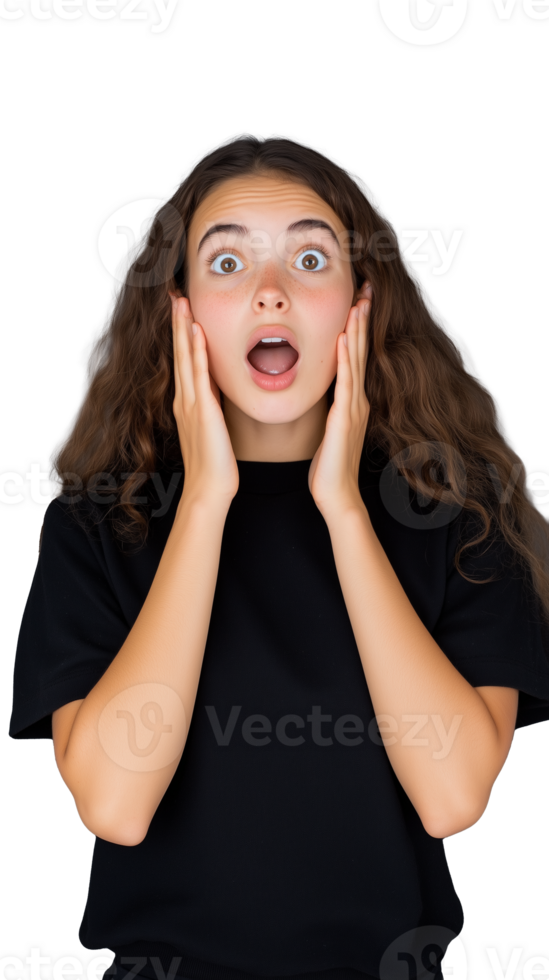 Surprised young woman with hands on face expressing shock on transparent background png