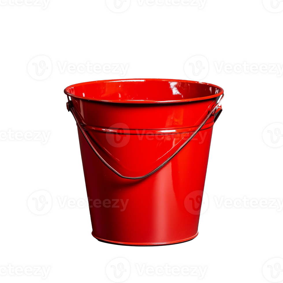 Red metal bucket with handle, shiny surface, ideal for various tasks, versatile storage solution on transparent background png