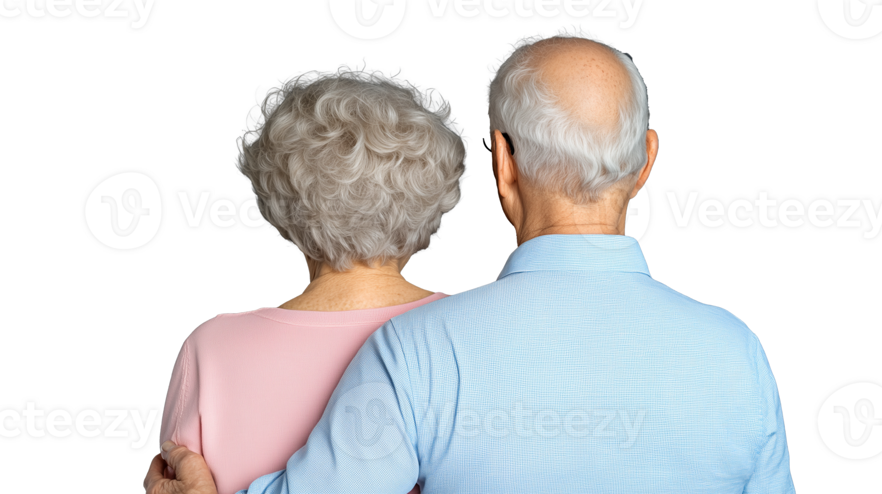 Elderly couple embracing from behind with gray hair on transparent background png