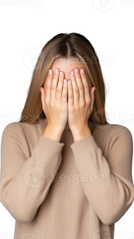 Woman covering face with hands expressing emotions on transparent background png
