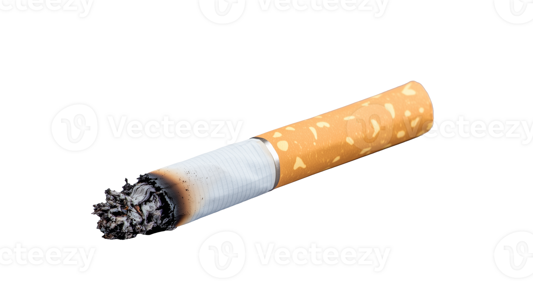 Realistic burning cigarette with ash and smoke on transparent background png